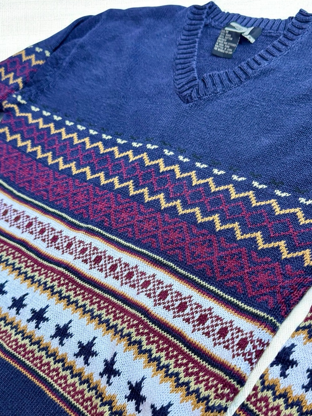 Vintage 90s Rue21 Fair Isle Star Knit Sweater Womens M Blue V-Neck Crop Y2K